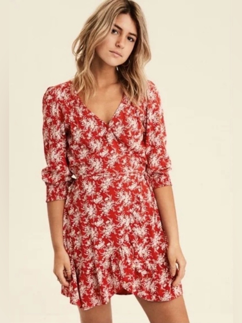 American Eagle Red Floral Long Sleeve Wrap Mini Dress  Size S EUC
